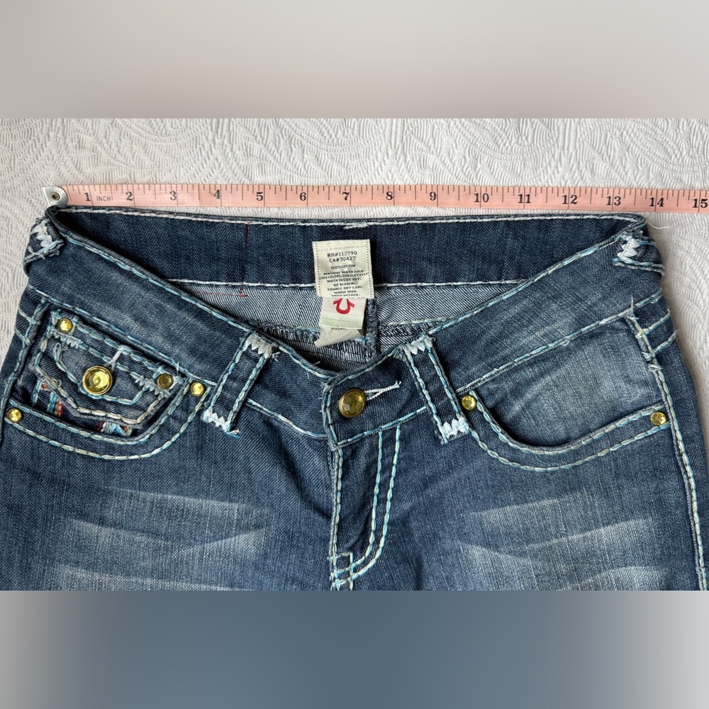 True Religion Joey Super T Low Rise Jeans Rainbow Stitch Denim Jeweled Size 26 - Picture 11 of 13